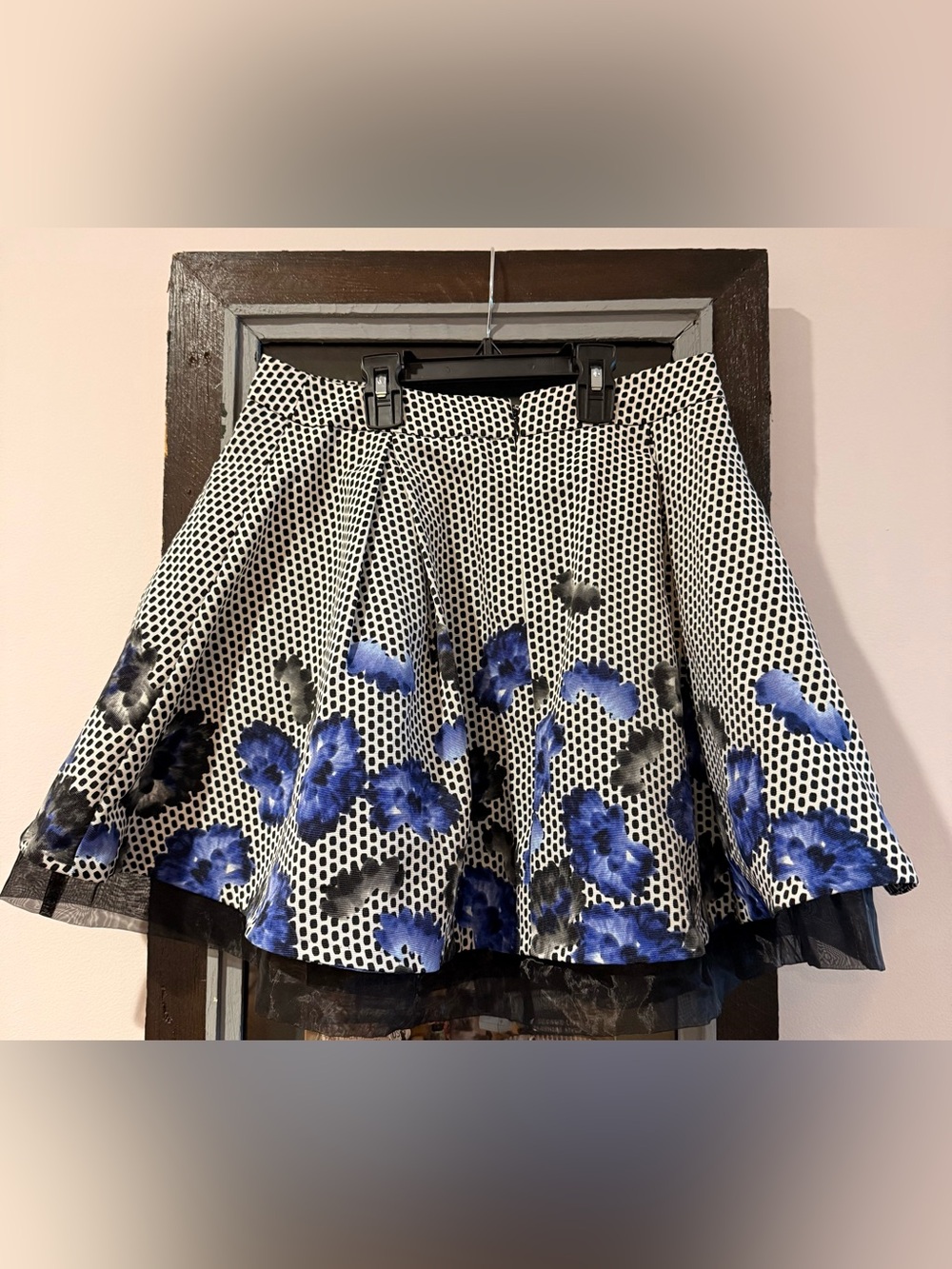 Express Floral Polka Dot Skater Skirt - Blue/Black